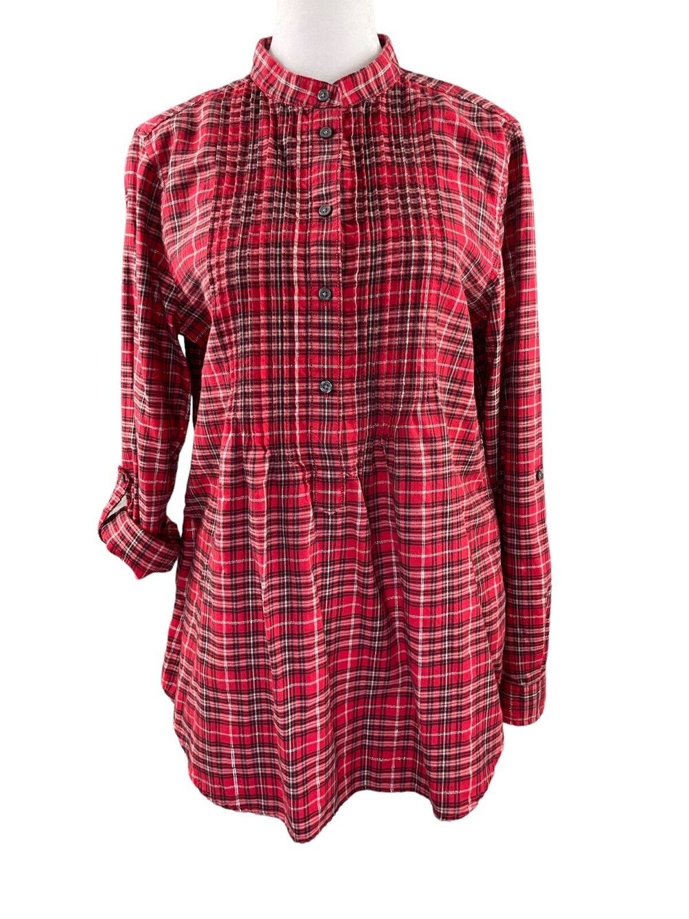 Lands' End Women's 10 Red Plaid Pintucked Flannel Tunic Top Roll Tab Sleeves